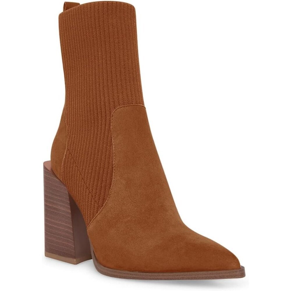 Women's Brown Chunky Stacked Heel Ankle Boots Pointed Toe Slip On Booties